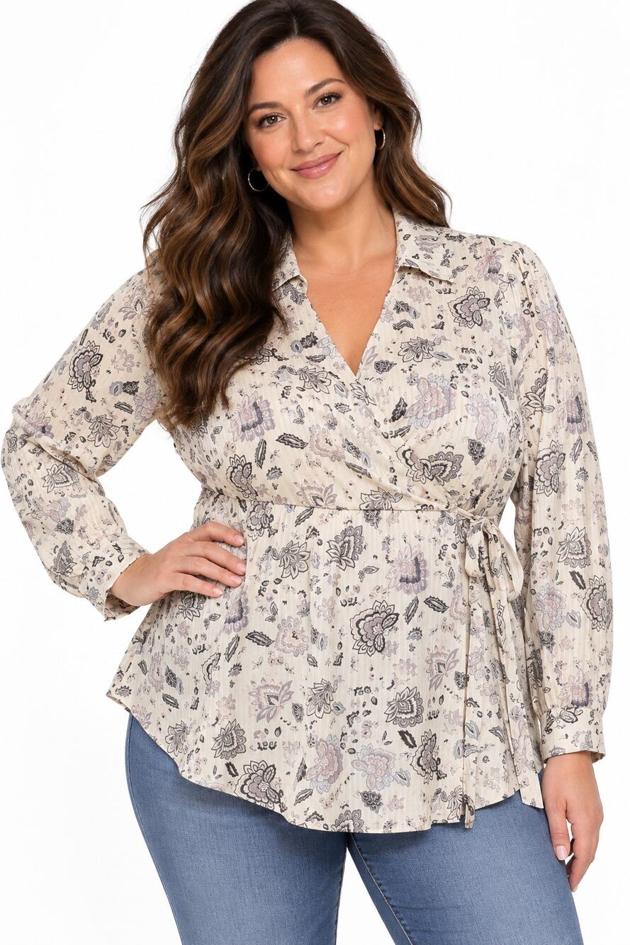 Torrid Stripe Satin Paisley Dew Top Womens 1X Collared Surplice Floral Blouse